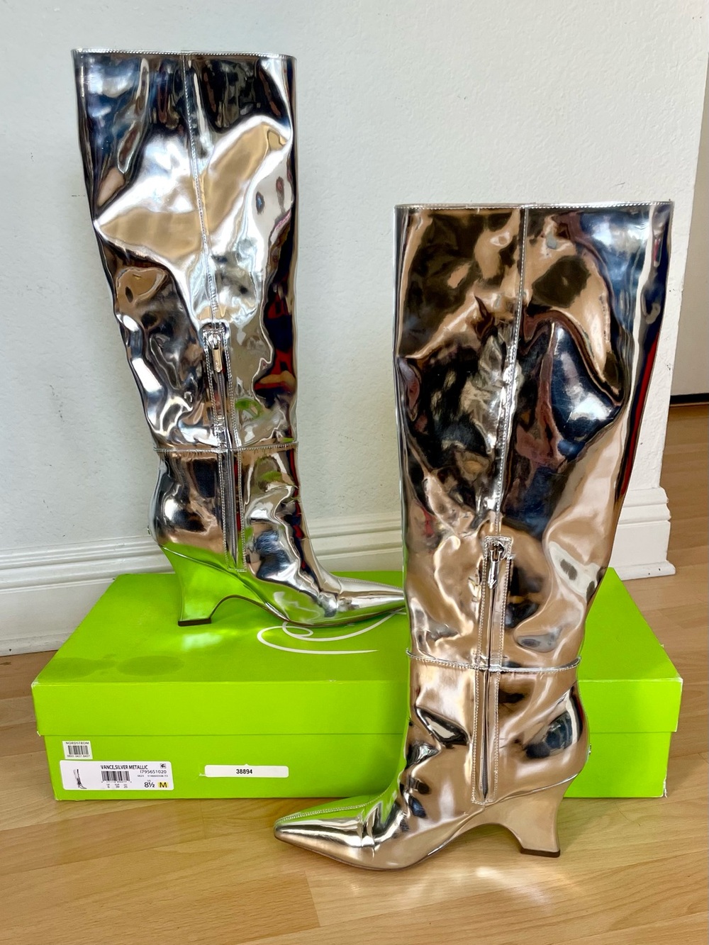Sam Edelman Vance 2 Knee High Boots Soft Silver Metallic Pointed Toe Block Heel - Picture 6 of 16